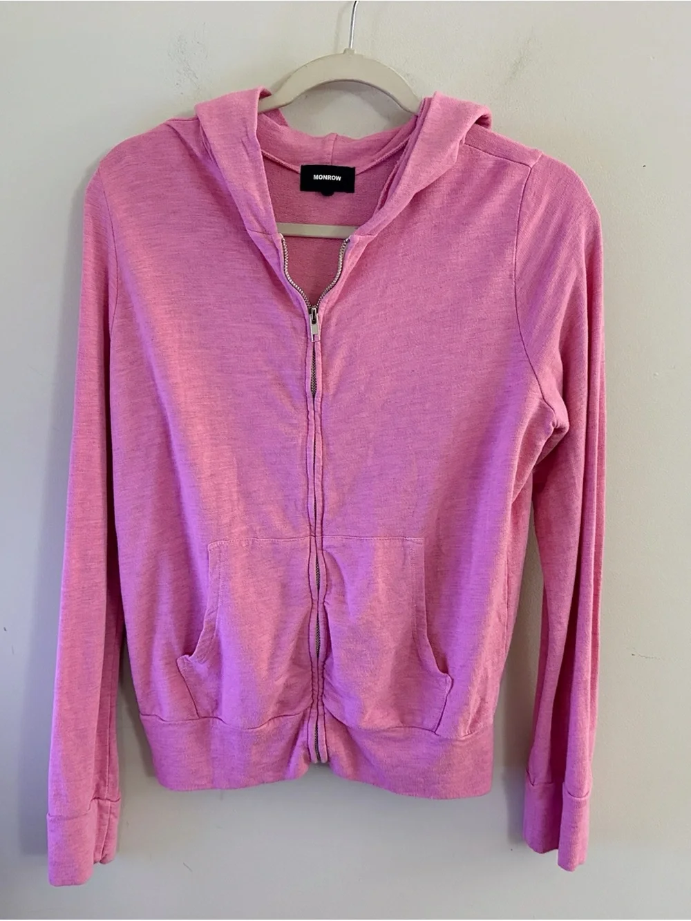 Monrow Pink Full Zip-Up Hoodie Preppy Relaxation Running Yoga Activewear Gym